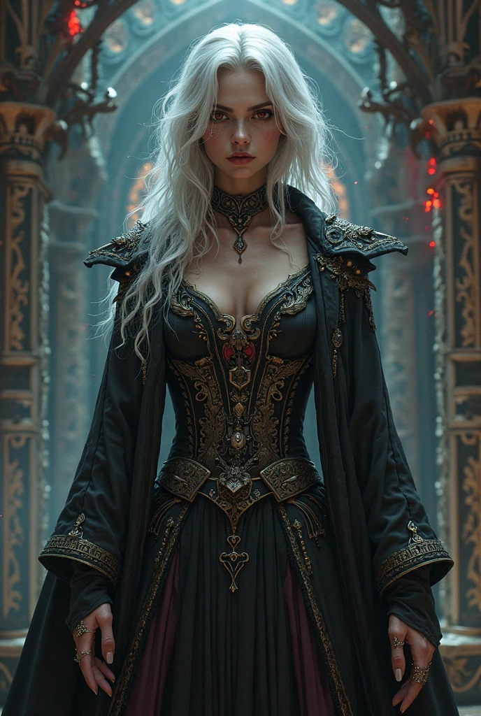 tiger girl ,with warrior pose ,with white hairs ,wearing black medieval clothes ,angry ,Eyes red ,with short hair, chic 