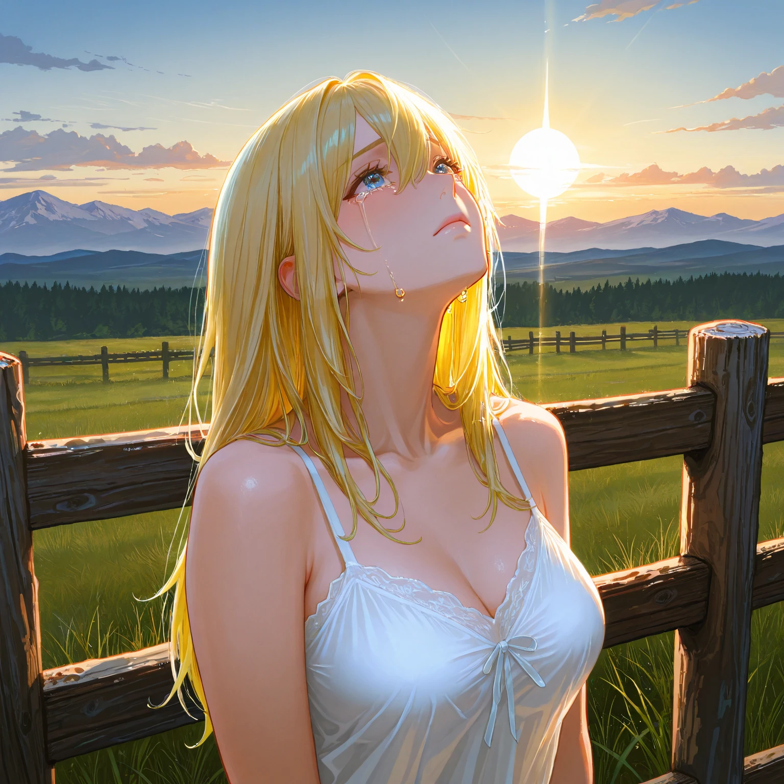 masterpiece, photorealistic:1.4, beautiful 22 year old woman,,, happy, smile,    confident,  blond_hair, bangs, long_straight_hair, soft cinematic light,nsfw,   medium_breasts, extremely detailed artgerm, photorealistic perfect body,detailed skin,beautiful valley, fields, flowers, sky, clouds, sunset,  standing, thigh_gap,, outfit-fleuron