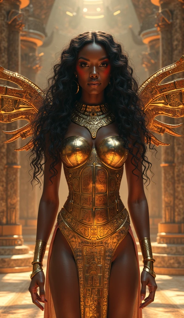 Portait of one pretty young African female, perfect face, seductive smile, bra size 32B - 40C, 26-32 inch waist, scantily clad, wearing avant-garde futuristic designer clothing, in a dynamic pose and a new environment, hyper detailed, ultra-realistic, picture, cinematic golden hour, award winning photography, DSLR, god rays, natural lighting, volumetric lighting, global illuminations, by yoshitaka amano, by greg rutkowski, by jeremyg lipkinng, by artgerm, digital art, by ismail inceoglu, by quentin tarantino, 8k, realistic shaded, octane render