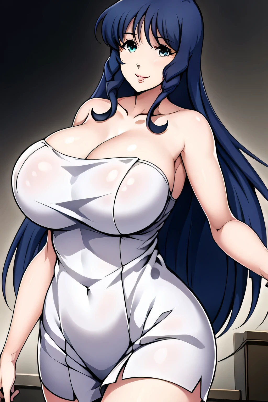  宇宙でsing女性を描いて下さい, dark blue long hair ，white clothes ， Adult Sexy Woman ，,,nice smile，Big breastsでもウエストが細い，With many Zentraedi battleships in the background,  sing,平和の祈りをsing,  Attractive 20 Year Old Woman 、Can you draw ,                             Big black wavy hair, ,   Big breasts, thin waist ， ,   ，Faces are very important，There are many space battleships，