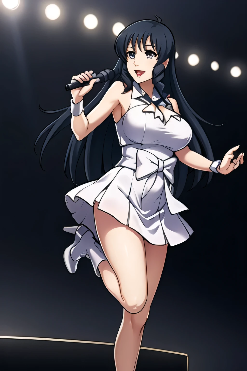 Drawing a woman singing in space,mini skirt,high heels,chasing Zentradi's battleships,There are lots of battleships,Draw a woman in a white dress,the soldiers of Zentradi's army are amazed,A woman singing with a lovely smile ,,face is absolutely necessary,accurate hand and foot expressions,,on stage、illuminated by the spotlight、 Glamorous concert costume , A stage made of laser lights ,,A 20-year-old adult woman with a nice smile, long black hair big black wavy hair , , Big breasts, thin waist , ,,
