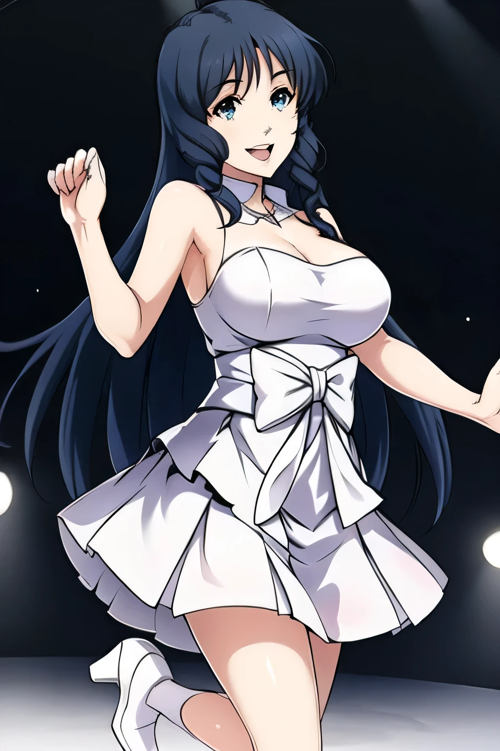 Drawing a woman singing in space,mini skirt,high heels,chasing Zentradi's battleship,There are lots of battleships,Draw a woman in a white dress,soldiers in Zentradi's army are amazed,A woman singing with a lovely smile ,,face is absolutely necessary,Accurate hand and foot expressions,,on stage、illuminated by the spotlight、 A glamorous concert outfit , A stage made of laser lights ,,20-year-old lovely smiling adult woman, long black hair big black wavy hair , , Big breasts, thin waist , ,,