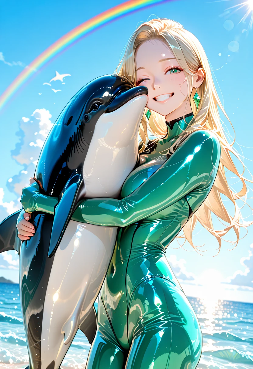 Dynamic angle from the front、focusing on women and dolphins、At sea、((hugging a big dolphin:1.5))、(( rub your cheeks )),emotional reunion、The woman is wearing a holographic latex emerald green wetsuit。Beautiful and long、excellent style blond hair、The dolphins are also welcomed with an acrobatic performance、The summer sun shines to complement her and the dolphins。、she is super smiling Full of energy、Dolphins are happy too。A very lively and happy atmosphere。The background is a rainbow sky where you can see the ocean below、Mysterious and beautiful。The beauty of nature and dolphins stands out。8k、Original