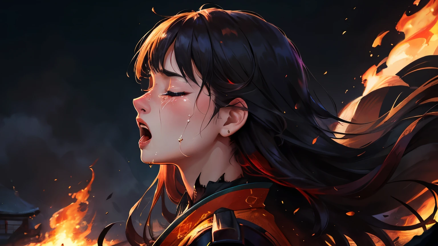 Masterpiece, top quality, artistic composition, beautiful design, creative aesthetic, layers of texture, bold look, night scene in flames, one woman, solo, long hair, Japanese, tilted head, closed eyes, flowing tears, stained temporary clothing, portrait, bangs, open mouth, close-up profile, high resolution,