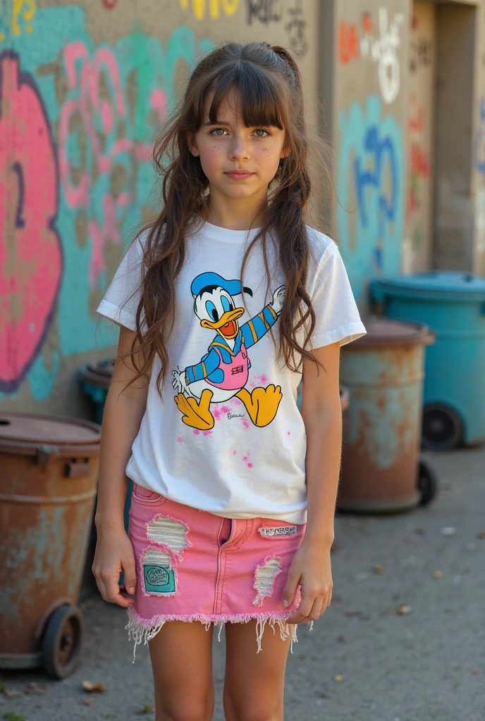 1 girl,beautiful woman,long brown hair,huge breasts, happy expression,wearing a shirt with a Mondrian composition pattern of red, yellow, blue, and white squares, holding her breasts with both hands, wearing red sneakers, standing with weight on her right foot, simple background, shot with a Fujifilm DSLR camera