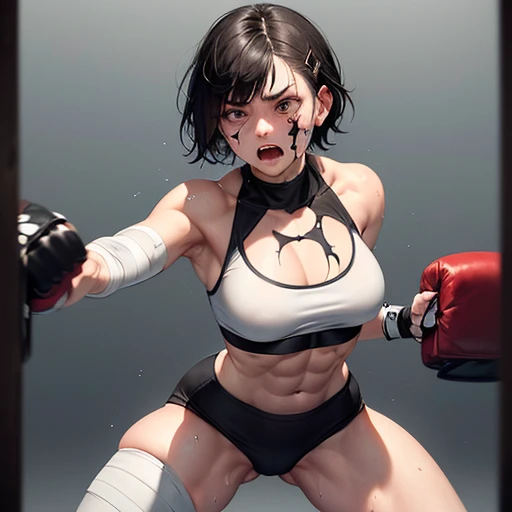(((one girl))), bird&#39;s-eye view, boxer, brown skin, disheveled hair, nosebleed, blood from mouth, damage, bouncy breath, groggy, on the verge of down, raise guard to hide face, dripping sweat, splashing Sweat, face tattoo, thigh tattoo, lots of tattoos, very good anime illustration, ray tracing, composition, dynamic, boxing gloves, low angle, Detroit standing, style, low angle, looking at camera, face close up, beautiful face, beautiful skin , toned abs, slender, (spotlight)), [real] ([details] background (boxing ring, spectator seats), ((black hair s short)))), wet bra, knee pads, see-through chest, short Spats, underwear, half-naked, slender, showing underwear, sweat, inviting gaze