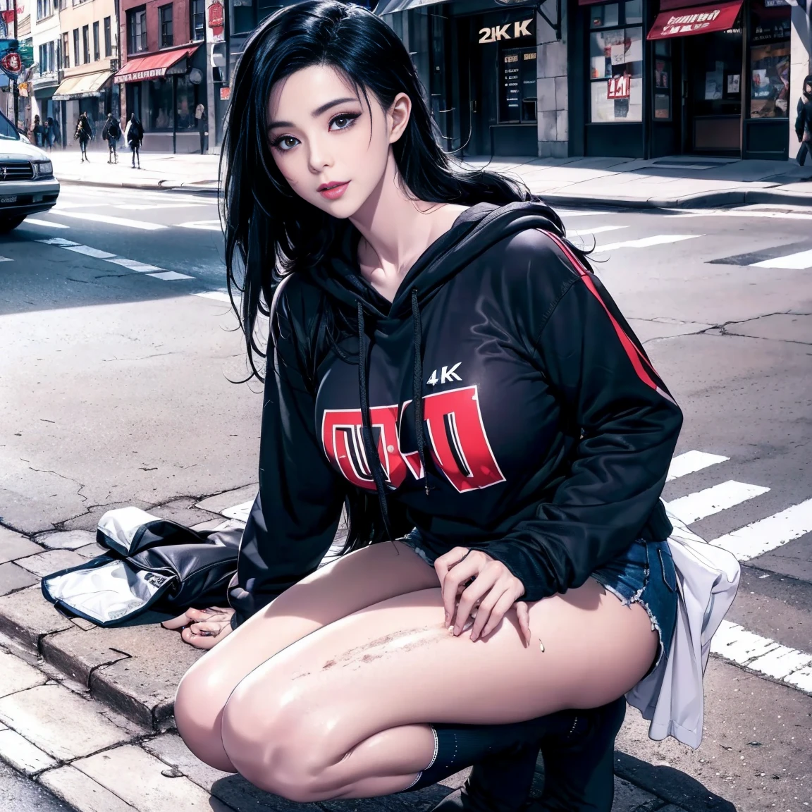 A digital illustration in anime style of a girl standing in a grassy field. She has long black hair styled in a ponytail and blue eyes. She is wearing a satin shiny red hoodie, a black leather pleated short skirt, black high heels, and a delicate necklace. The girl should be looking directly at the camera, with her full body visible, including her high heels. The illustration should be ultra-realistic and high resolution (8K), with a clear and sharp depiction. The image should capture the girl's dynamic pose and stylish outfit, with an exquisite and beautifully detailed presentation.