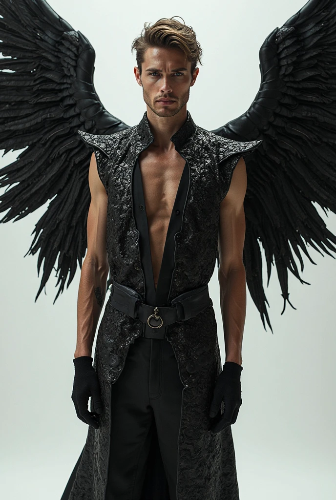 ((masterpiece)) ((4k resolution)) ((Whole body)) 30 year old man, Light brown hair, short hair, eyes the color of honey, bright Eyes, male face, three-day unshaven beard, intense and seductive look,  with angel wings, black wings, muscled body, pectoral display, body hair, Black pants, necklace with an emerald pendant. scene: 1950s detective office. 