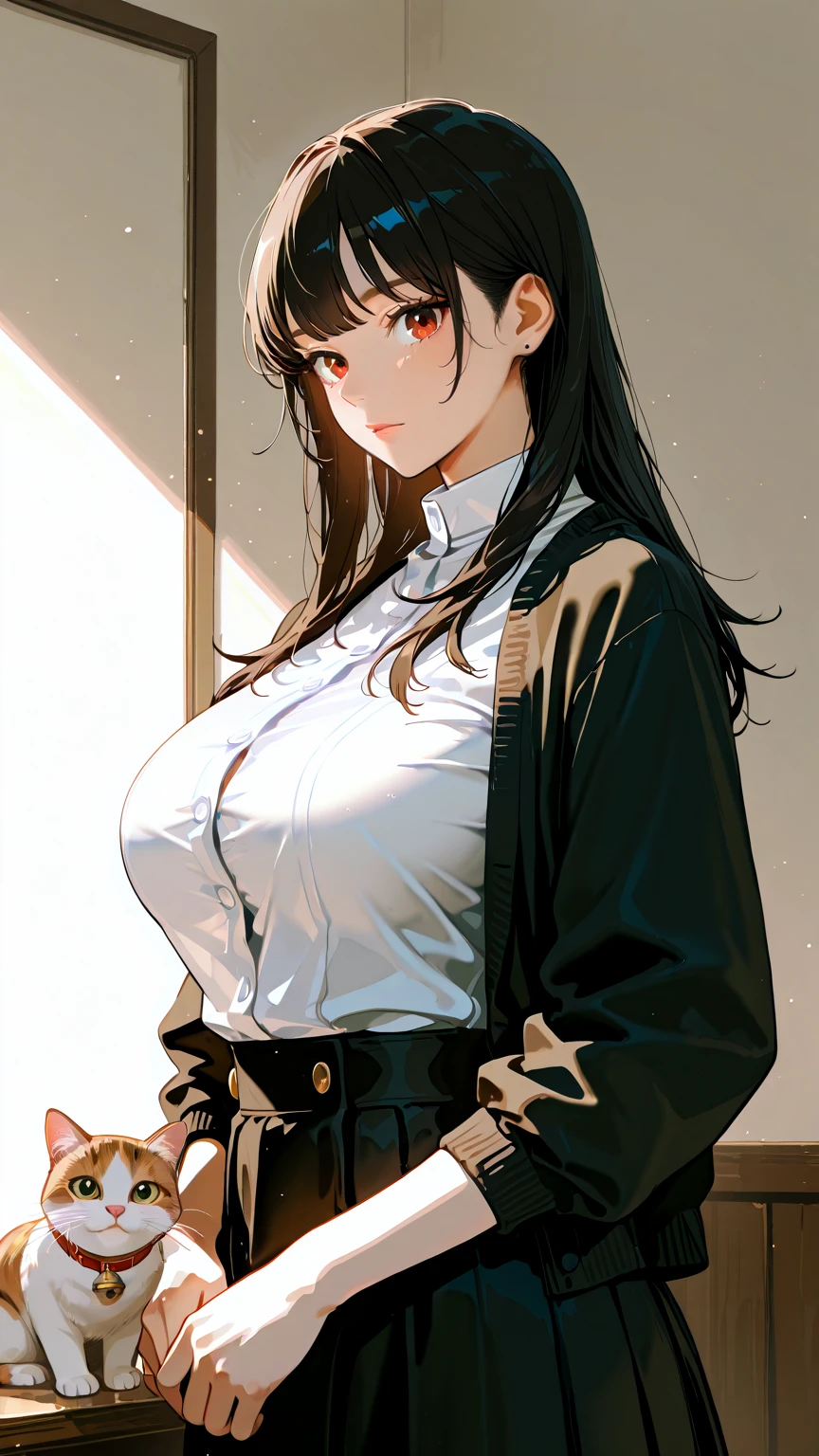 (masterpiece:1.2) best quality, high resolution, unity 8k wallpaper (illustration:0.8) (beautiful detailed face:1.2, beautiful detailed eyes:1.2) perfect lighting, extremely detailed CG (perfect hands, perfect anatomy) cute, beautiful, charming lady, shiny hair, lustrous skin, beautiful light big eyes, milf, married woman, soft With a gentle appearance and a gentle mother-like atmosphere, feminine style, beautiful kubire, beautiful, naughty face, red long hair, high ponytail, hair ribbon ((red eyes)) large breasts, leather choker, heart brooch, dress, red skirt, white jacket, wrist cuffs, kee boots