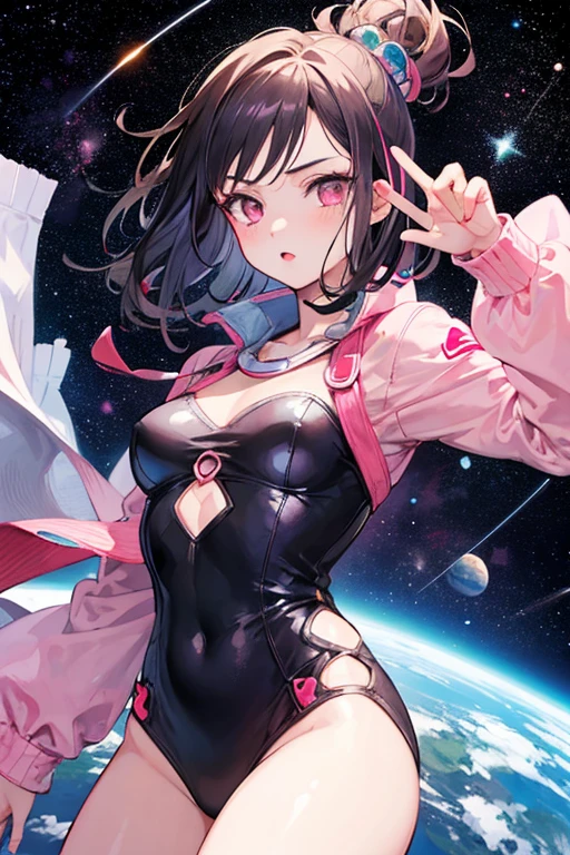 Long-haired sexy and cute Cologne girl with butterfly tattoo and cat ears wearing astronaut style tights under the distant starlight, as they approach a giant meteor,Their bodies are weightless. The setting is a perfect blend of science fiction and retro comic art, a visual feast.