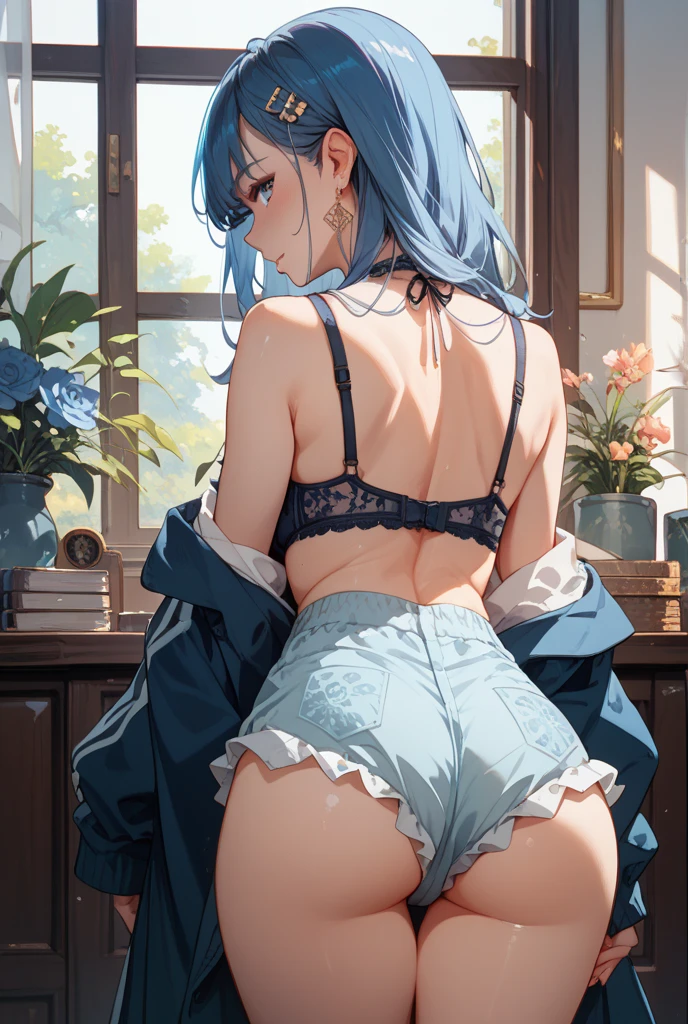 [appearance = “short blue hair”, “brown eyes”, “Wears glasses”, “pierced lip and tongue”, “Height - 165”, “second size breasts”, “Elastic butt”]
[Clothing = "maid uniform, short skirt", "No bra", "black thong", "Black lace tights"] ((background - room)), ((bend down)), ((ass)), ((thong)), ((looks back)), ((confused))