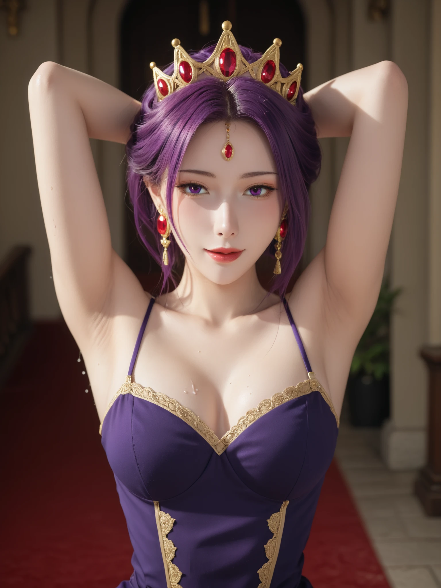 night,in a castle, saloon ,There is a red carpet on the floor, watch out, 's dress,long sleeve,A jewel and a gold crown,collarbone, 深いchestの谷間, purple_My hair, purple_eye, jewelry, earrings, 1 , 20 years old,infp young woman, beautiful Finger, beautiful long legs, beautiful body, beautiful nose, beautiful character design, 完璧なeye, perfect face,表情豊かなeye, Staring at the viewer, in the center of the image,upper body_body,(focuses on her face), official art,the Extremely Detailed CG Unity 8k Wallpapers, Perfect lighting,Colorful, Bright_front in the sky_ face_lighting,shiny skin, (Mathieu Pieces:1.0),(Highest_Quality:1.0), 超high resolution,4K,Super Detailed, Picture, 8k, NFFS W, high resolution, absurderes:1.2, beautiful character design, FILM GRAIN, blurry background, Bokeh:1.2, Lens Flare, (Vibrant_Color:1.2) ( beautiful ,chest), ( beautiful _ face:1.5),( is narrow_waist),intravaginal,sex,moans on pubic hair,Cumin Passy,sweat,girl trembling with sexual climax,breast milk,hands behind head,Legs,Ahegao,orgasm,((((Show me your armpits)))),