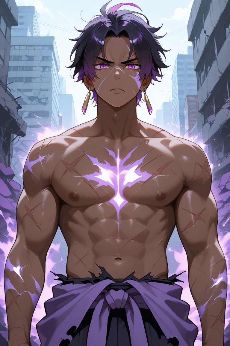 (((1boy))) (male) ((front view)) ((facing viewer))
Handsome, very detailed flawless face, detailed open blue eyes, very handsome, epic, heroic, pale skin, shaved.
(muscular) bodybuilder, ((big muscles)), ((large pectorals)), narrow waist, ((Very, very long hair, in a mullet cut, purple and blue gradient)),
seductive smile, Realistic face, realistic eyes, topless, mismatched pupils, Swear,
((((Almost naked)))), illidan, beast horns, full body, muscular legs, beefy ass, pubic hair, fender,
Highly detailed art, dramatic volumetric light, artstation, beautiful modern illustration, ((anatomically correct)).