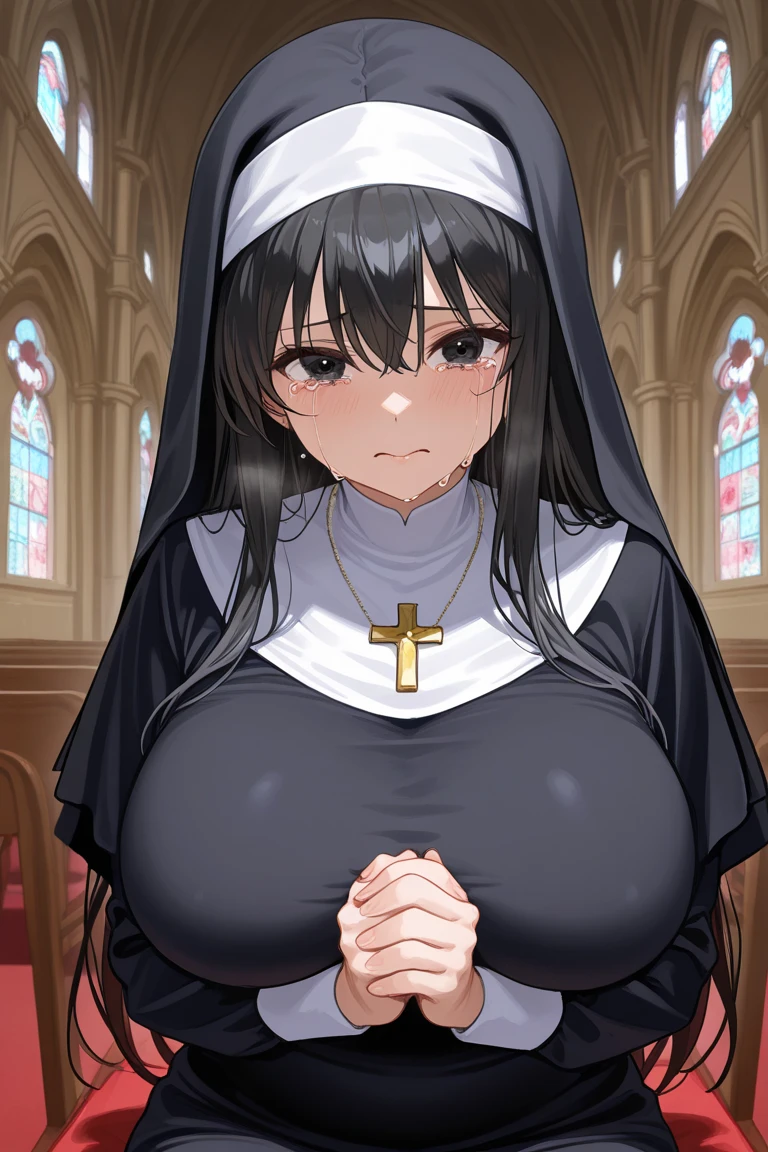 masterpiece, best quality,1girl, (huge breasts:1.2)sagging breasts, breasts apart, large areolae, black hair, green eyes ,nun, church ,cross necklace ,praying 