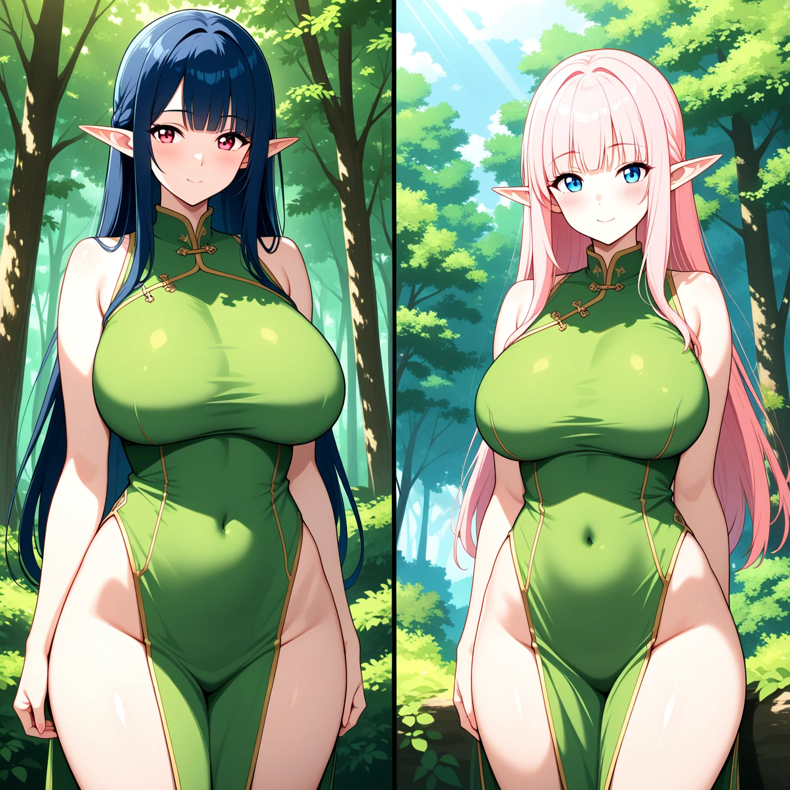 Bikini clad anime characters standing in a desert area with the sky in the background, (((gone crazy))) Elfの王女, Green skin!!, goblin girl dnd character, Green skin, Orc themed, Elf, Green Oak Woman, Fairy Characters, Anime Style, orc merged with vines, Sexy reptilian humanoid woman, Anime Style3D, Green skin!