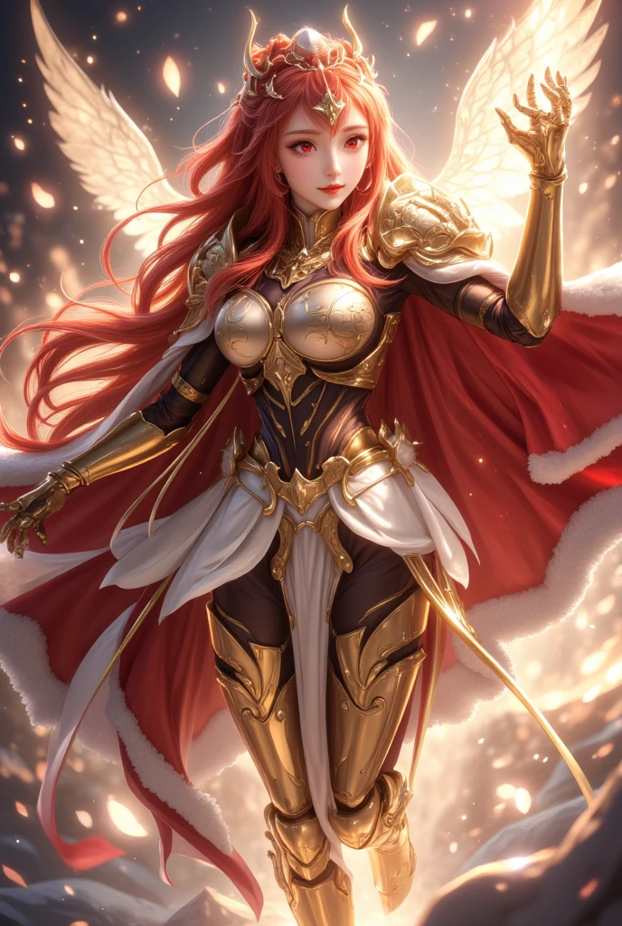 MaleniaDef, red hair, armor, cape, helmet, brown dress, MaleniaRot, wings, coverd eyes, scar, butterfly, bug prothestic leg, single mechanical arm, prosthesis