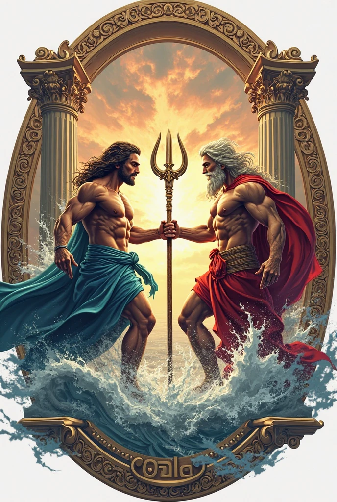 Por favor, create a high resolution image of Poseidon, the Greek god of the seas and earthquakes. He must be portrayed in a majestic pose, holding his trident with three prongs. Poseidon must be surrounded by choppy waters and with a cloudy sky in the background, capturing its aura of power and dominance over the oceans. The figure of Poseidon must be imposing and detailed, with attention to the classic traits of a Greek god, like flowing hair and beard. Colors should reflect the depth and serenity of the seas, with emphasis on the trident as the central symbol of the composition."
