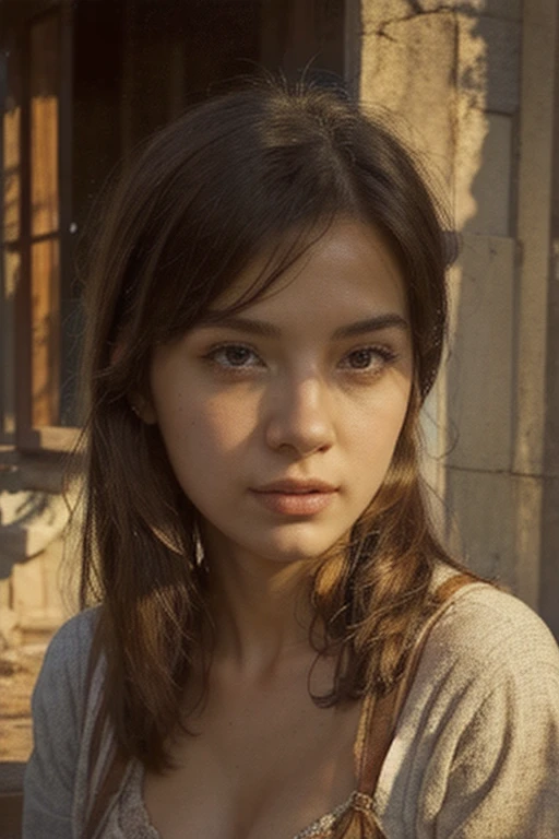 A close-up portrait shot of a young woman with a calm and thoughtful expression, standing on a serene beach at sunset, the soft golden light of the setting sun gently illuminating her face, with the waves subtly visible in the background, shot with a Sony A7R IV, 50mm f/1.4 lens, natural and warm color tones