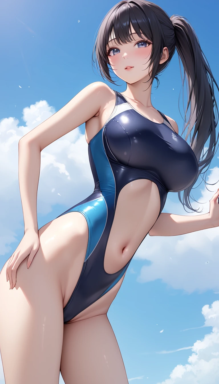 ((masterpiece,best quality,ultra detailed,high resolution)),(daytime,clear weather,front light),looking viewer,((solo,beautiful-woman)),(black hair,straight hair),(beautiful detailed face,beautiful detailed eyes),(finely detailed skin,fair skin),slender,light smile,(navy competition swimsuit),(on the beautiful lake,beautiful sky),(big breast,perky breast),(from behind,cameltoe),