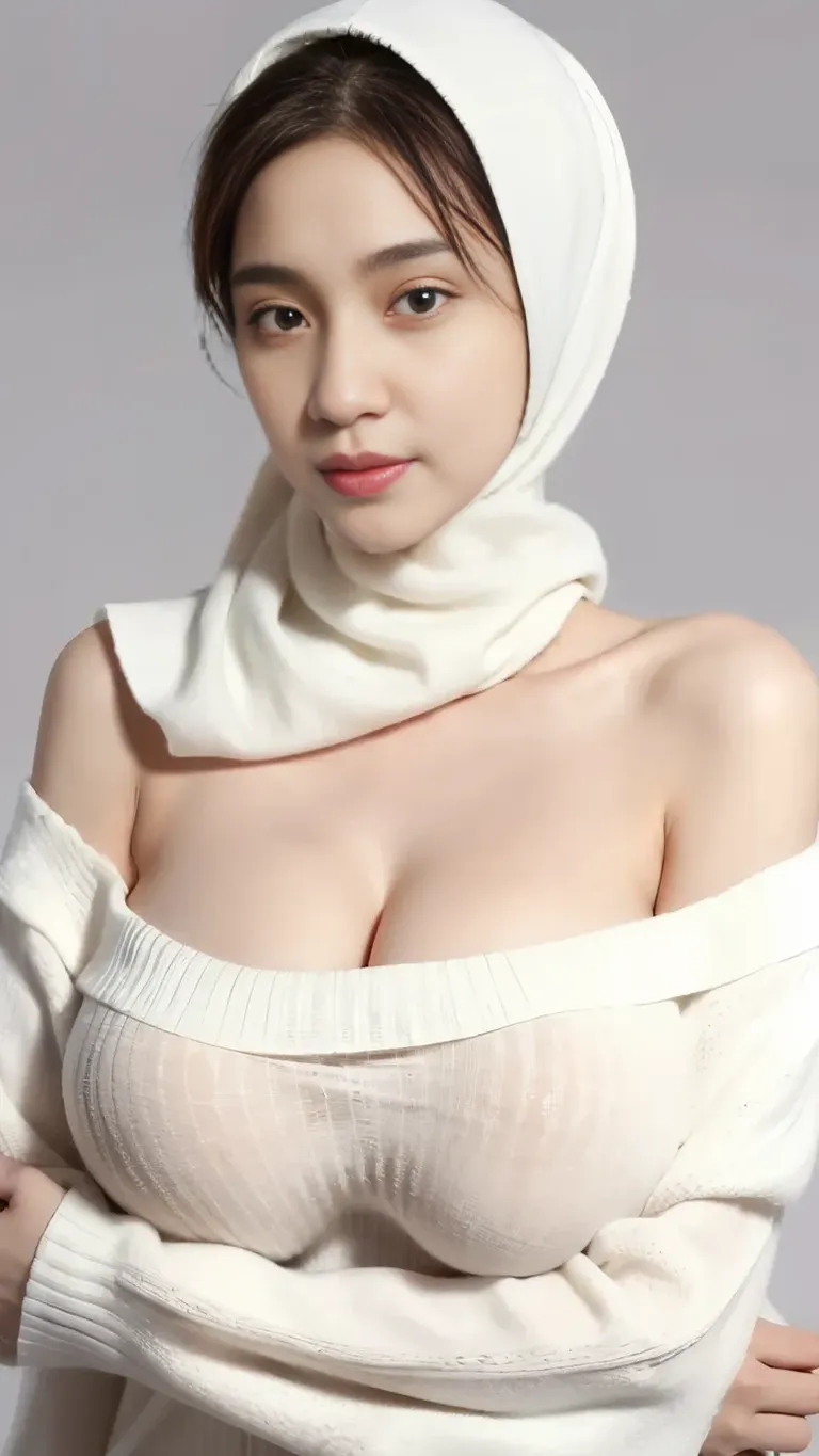 a 20 yo woman with slim body and Large Breasts ,scarf,Grey sweater,White themed clothing, Soothing Tones, Soft colors, High contrast, (Natural skin texture, Surrealism, Soft Light, sharp), Simple background, Fabric molds to the shape of the body, Large Breasts (big size breasts: 1.4)(((Full and soft breasts,)))(((huge的乳房))) (((Cleavage))) (Perfect curvy figure) Use clothing that covers your entire body , , Large Breasts, Breasts are larger than the torso, huge breast, huge , using white sweater with white scarf, Bare chest in sweater 