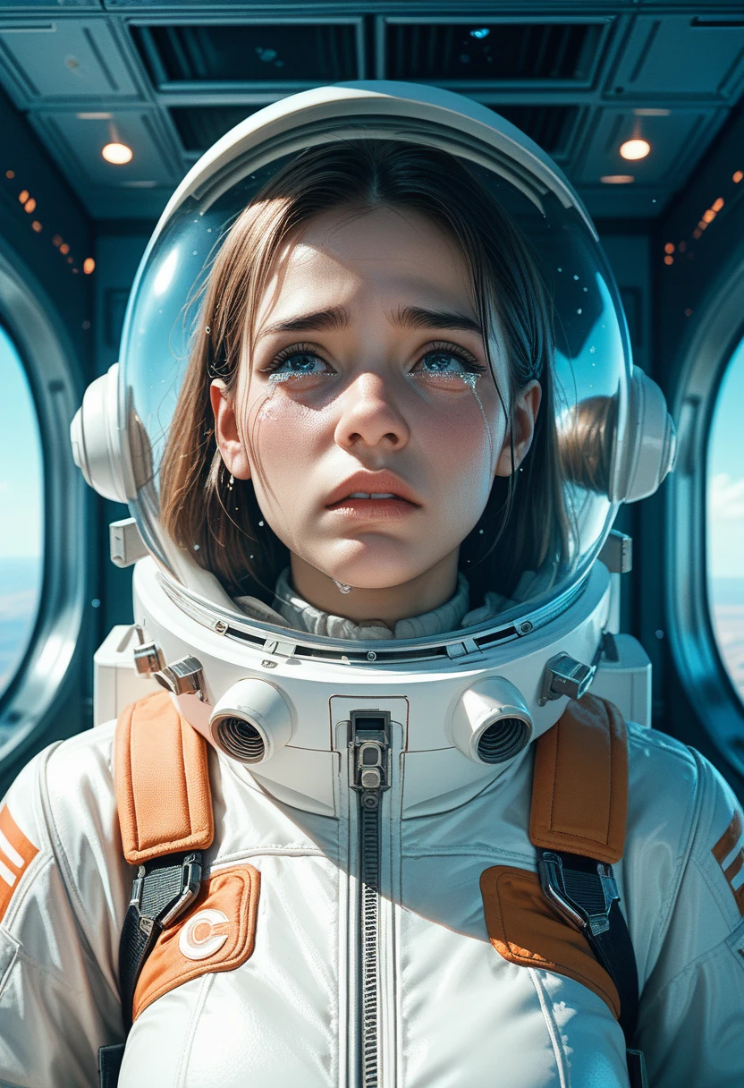 the last crew of a spaceship, astronaut young woman, console panels, galaxy outside window, tears running on her cheeks:1.4, illustration,shading lineart, shading, lineart, 2.5D, Score_9, Score_8_up, Score_7_up,cowboy shot,sad expression, crying,