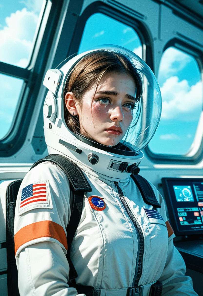 the last crew of a spaceship, astronaut young woman, console panels, galaxy outside window, tears running on her cheeks:1.4, illustration,shading lineart, shading, lineart, 2.5D, Score_9, Score_8_up, Score_7_up,cowboy shot,sad expression, crying,