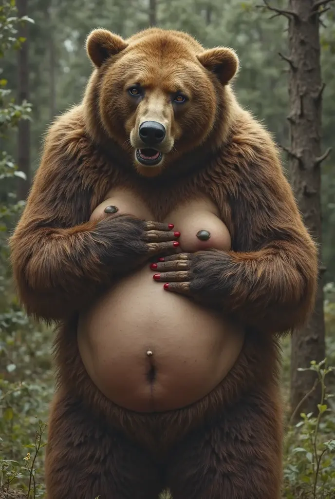 Large massive gigantic stuffed animal giant sloth monster carries pregnant topless beautiful bikini young teen girl in his arms embrace sitting on his lap cuddling nsfw