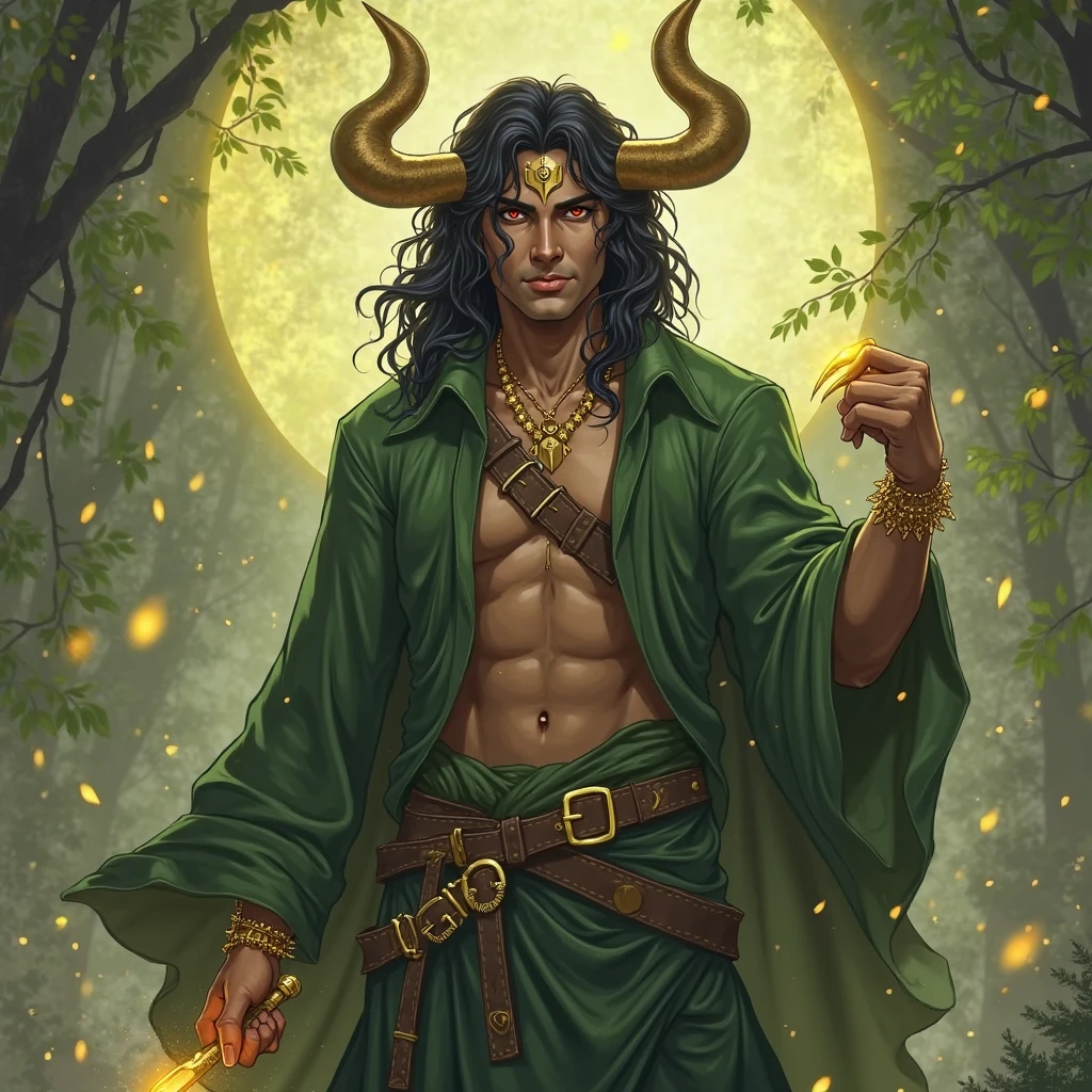 Forest Druid guy, driftwood staff, dynamic pose, It's night all around, Dense forest, fireflies, moon, super detail, tattoos all over the body, shine, 
