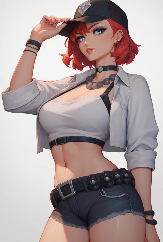 masterpiece, Ultra-detailed, 8k, high quality, Best image quality, Digital Illustration, Enchanting anime girl, Combat pose, Drawing of thick hair, Detailed eye depiction, Appearance Splash Paint Background Color, center, ((Open clothes:1.3))、((Crop top:1.3))、((Cleavage:1.3))、((Crop top navel))、((Panty peeking))、((Huge breasts:1.3))、((Huge hips:1.3))、((Thick thighs))、Sharp focus, Draw the whole body, Glossy and realistic skin texture, ((Hover Effects:1.2)), Accurate Anatomy, Low angle view, Configuration looking up from below