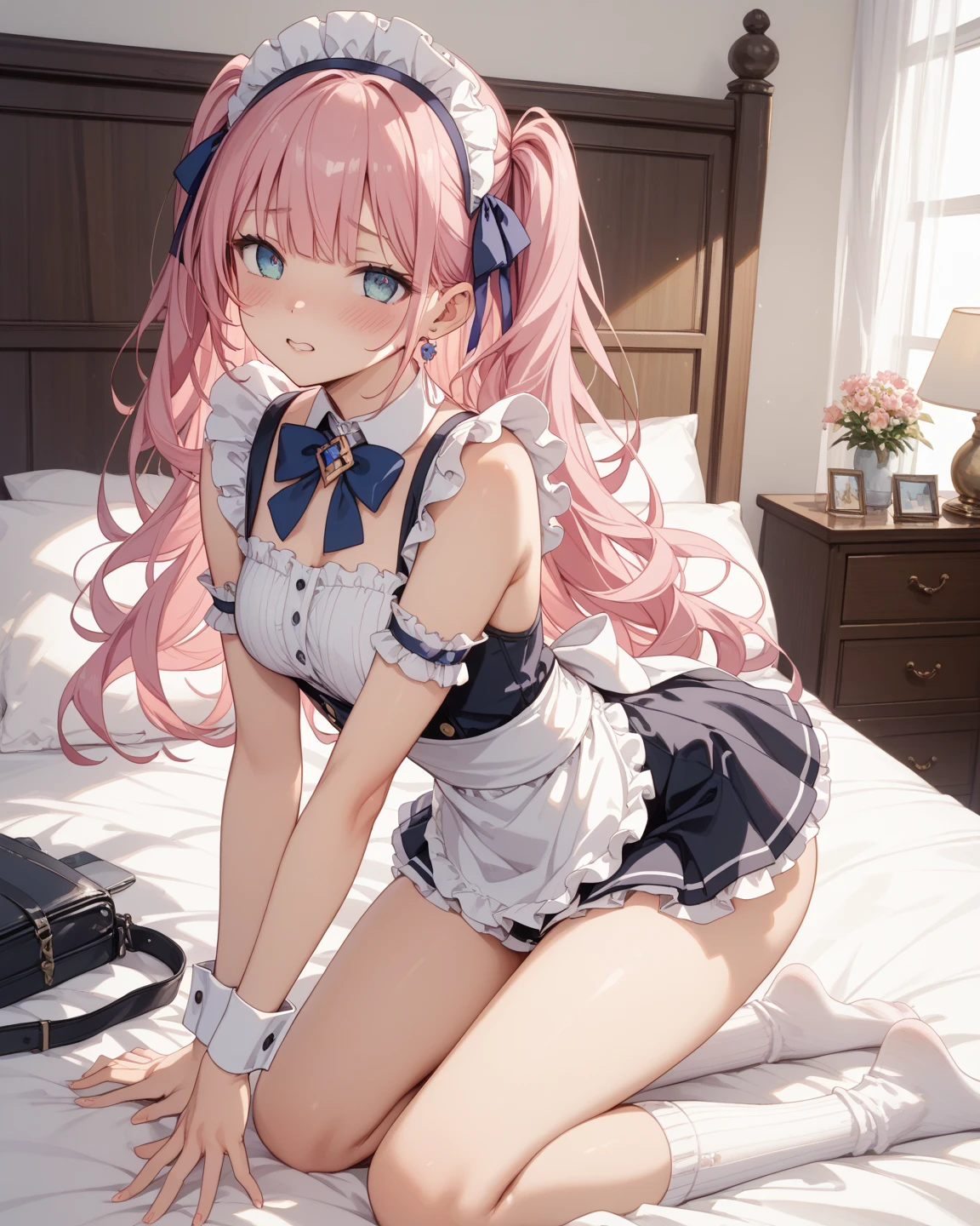 pieces fly、masterpiece、highest quality、Super detailed、High resolution、High resolution、8K portrait、Unity 8k壁紙のHigh resolutionCG、unity 8k wallpaper、cute type little:1.5、:1.5、Highly detailed CG unity 8k wallpaper、realistic、real person、cute type little、 portrait photography、shiny skin、High resolution、(16 years old:1.2)、(1 girl)、beautiful clear eyes、very detailed explanation、delicate face、nice lips、slender body、Same with big breasts thin waist、thin legs、(bed:1.6)、1 girl, cute type, perfect face, seriously, (blush:1.5),((There are a lot of people nearby:1.4))Same with big breasts,((Maid clothes:1.2)),(((clothing lift:1.5))), (((I have nipples))), Detailed description vagina,show vagina,spread legs,spread ,((cum in vaginas:1.2))、(:1.2)、(think back:1.8)、((mini skirt:1.2))