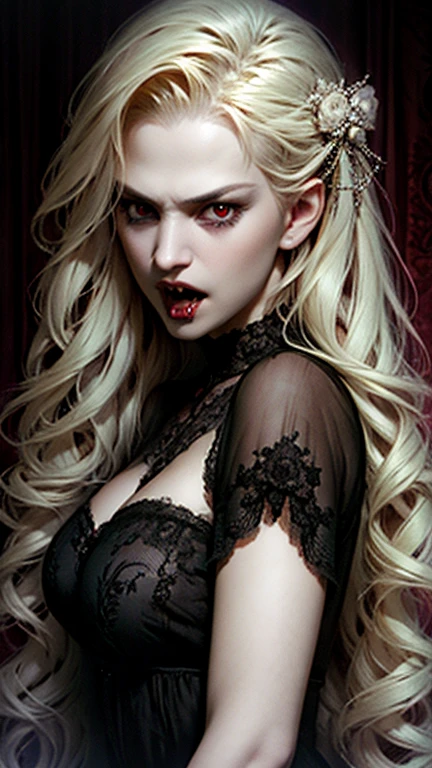 A goth Elsa vampire with visible fangs, detailed and realistic, dramatic lighting, dark fantasy, cinematic, moody colors, highly detailed portrait, photorealistic, 8k, best quality