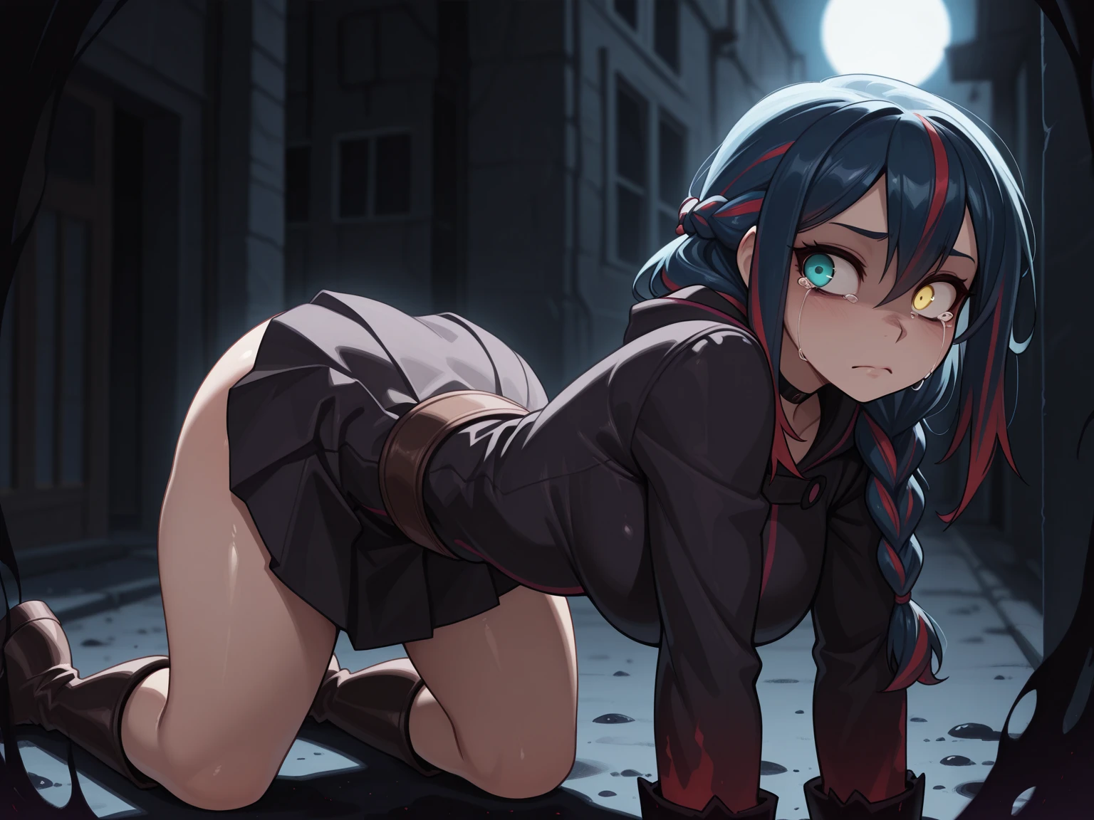 Young girl with black hair, long twintail, twintail hairstyle, (blue eyes), ((small bushy eyebrows)), wearing gothic lolita clothing, lolicon , to school, bored eyes, bored face (Zankuro) drawing style by zankuro artist, Zancrow style, image uploaded in R34, walking to school, flirty smile , suddenly having sex in public, ((doggy style sex)), ((public sex )) naked ass in the male crotch, old man , ((being raped by a decrepit old man in a dirty alley,