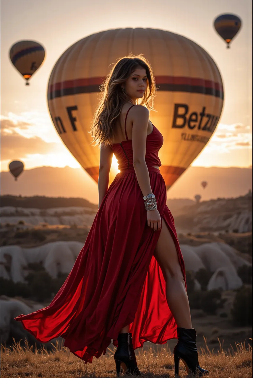 RAW photo, a 20-year-old Brazilian woman, blonde balayage, long hair, in long red dress, her dress is flowing with the wind, medium size breast, with a open neckline, hour glass shaped body, sexy expression, standing in the middle, hot air balloons in the background, in Turkey, sunset , medium length legs, (soft backlight), realistic, masterpiece, highest quality, lens flare, [[chromatic aberration]],best shadow, photorealism, hyperrealism, one girl, full body shot
