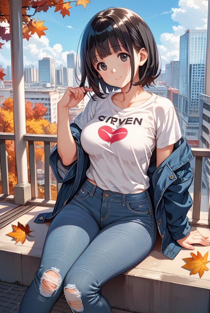 masterpiece, best quality, absurdres, perfect anatomy, 1girl, solo, YunaFFX, heterochromia, short hair, city scene, t-shirt, denim pants, smile
