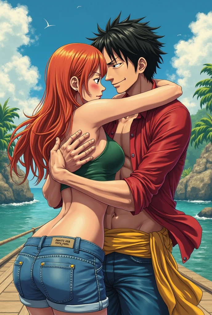 Nami from one piece in bikini kissing luffy