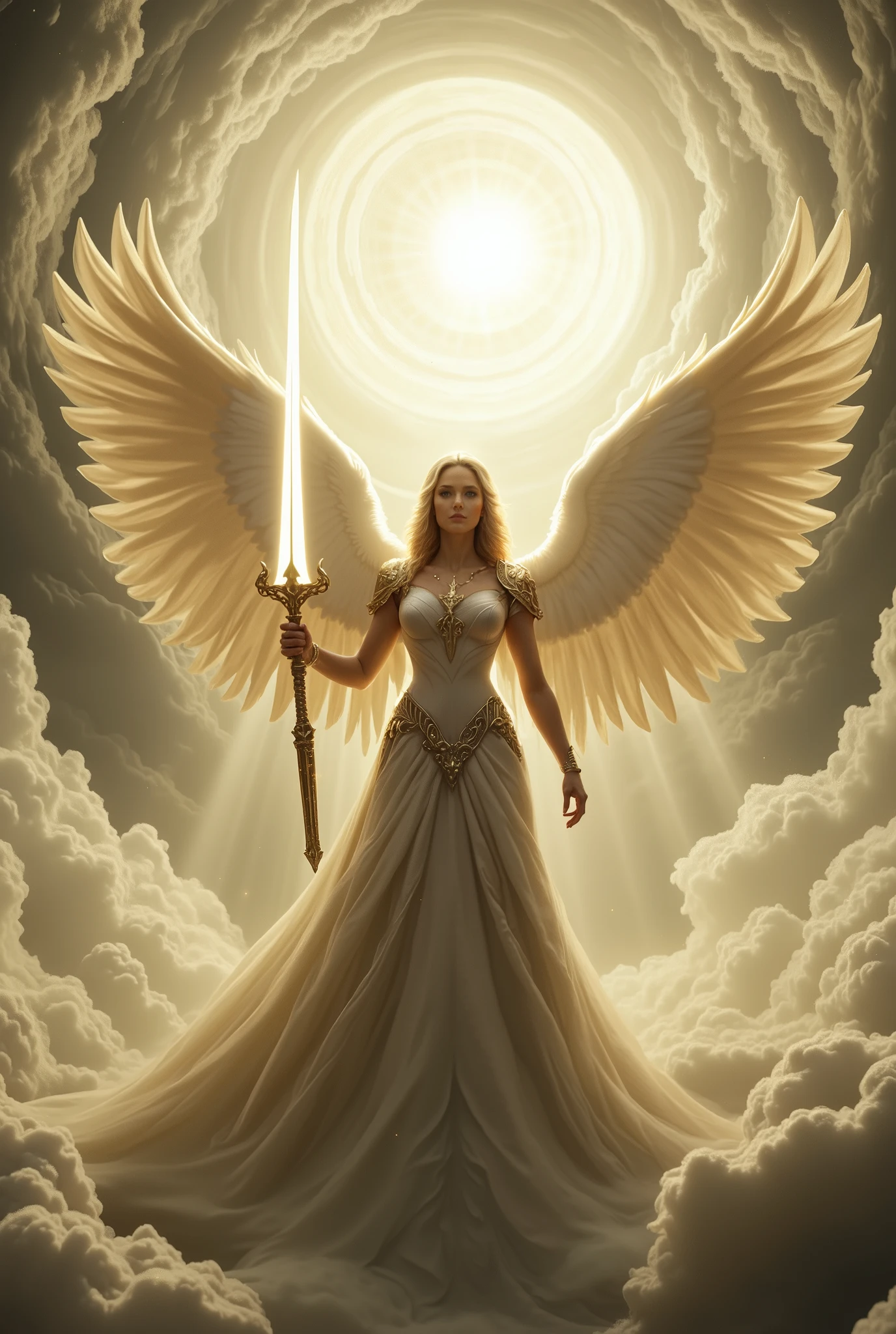 (8k, Highest quality, masterpiece:1.2), (super high resolution), intense cinematic, angel man, heavenly angel with a white sword in one hand and clothes with light armor,