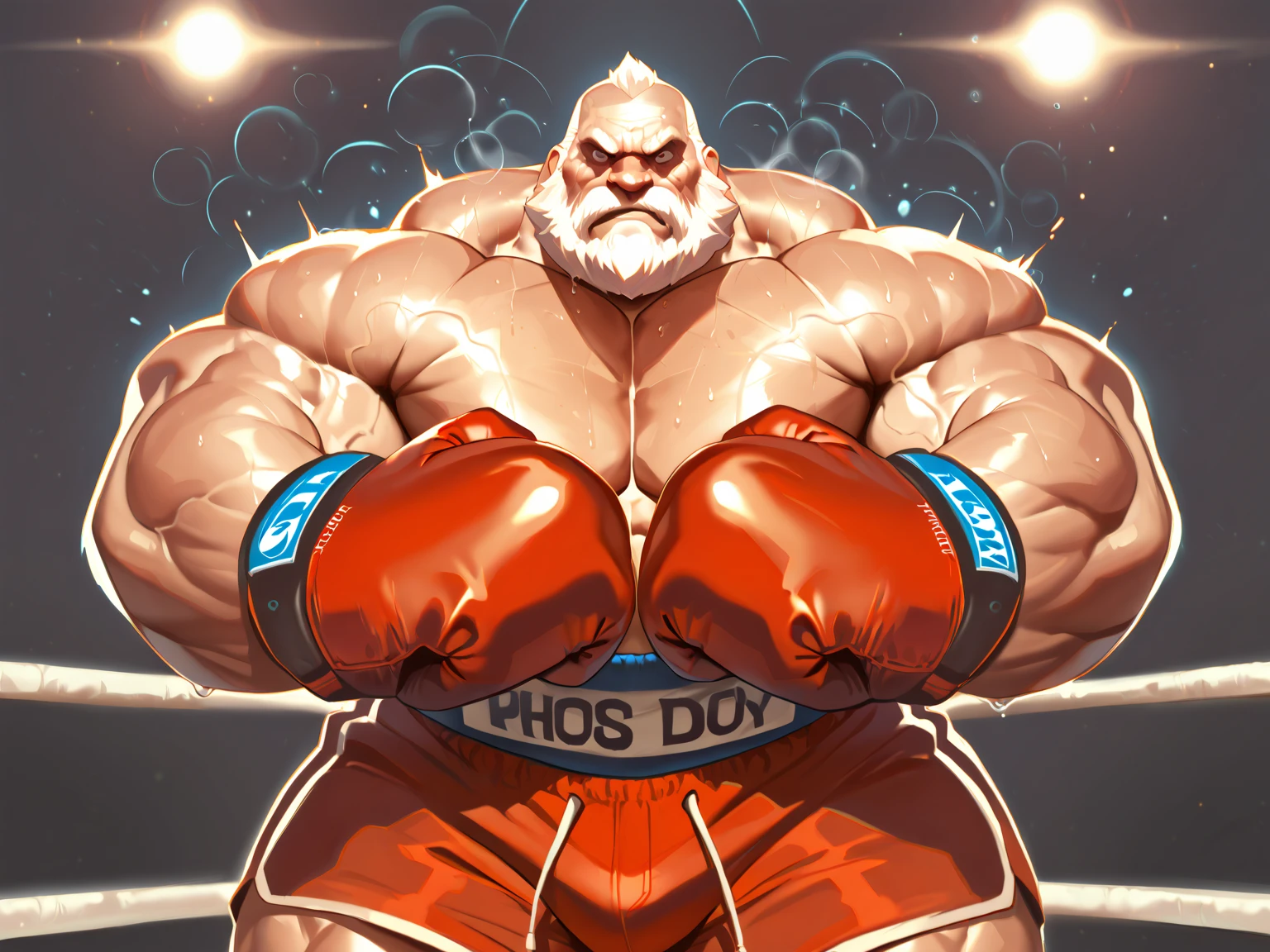 A gritty and intense cinematic illustration of a high-stakes boxing match in a dimly lit, blood-spattered ring. DC Comics' towering, hyper-detailed, and muscular King Shark, Nanaue, stands victorious, his humanoid shark form glistening with sweat and covered in the remains of the grueling fight. His prominent belly, wide muscular arms, and sharp teeth are highlighted by the harsh light of the ring. The background is a chaotic scene, with debris from the battle scattered around the ring, and the air filled with the heavy breathing of King Shark. His fierce and formidable fighter personality is palpable in this triumphant moment., cinematic, photo