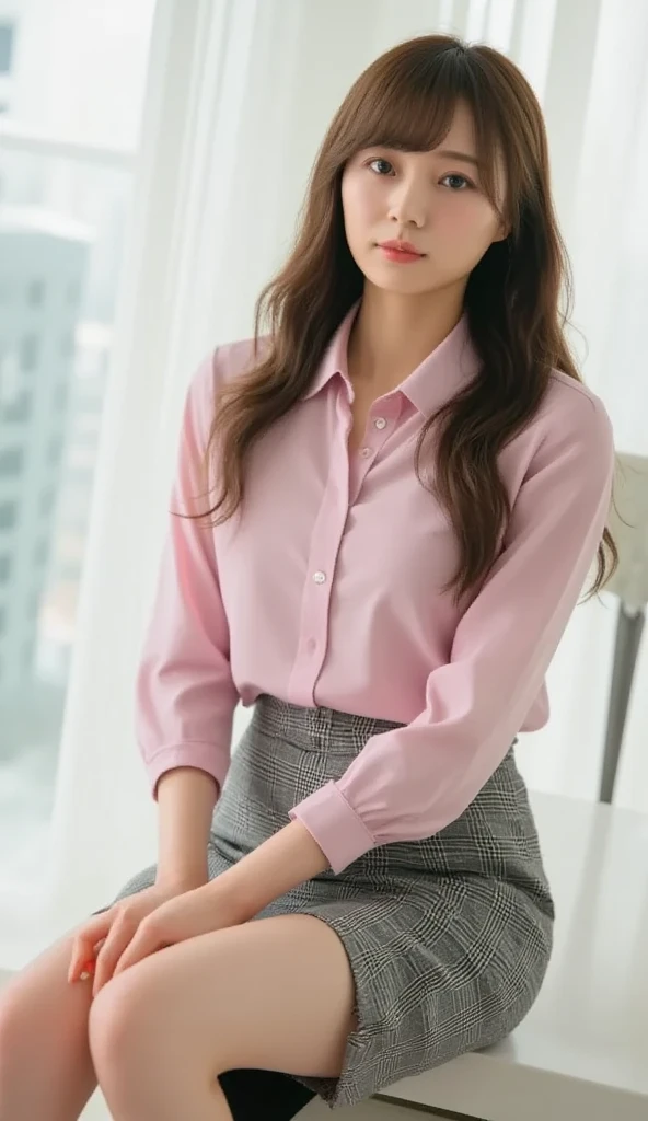 (1young woman), kawaii face, (highly detailed face), Amazing face and eyes, (Best Quality:1.4), (Ultra-detailed), (extremely detailed CG unified 8k wallpaper), Highly detailed, High-definition raw color photos, Professional Photography, Realistic portrait, Amazing face and eyes, Pink eyes, indoors, office, (office lady, shirt, miniskirt,:1.3), (shirt with open buttons:1.2), model, depth of fields, (fine face:1.2),