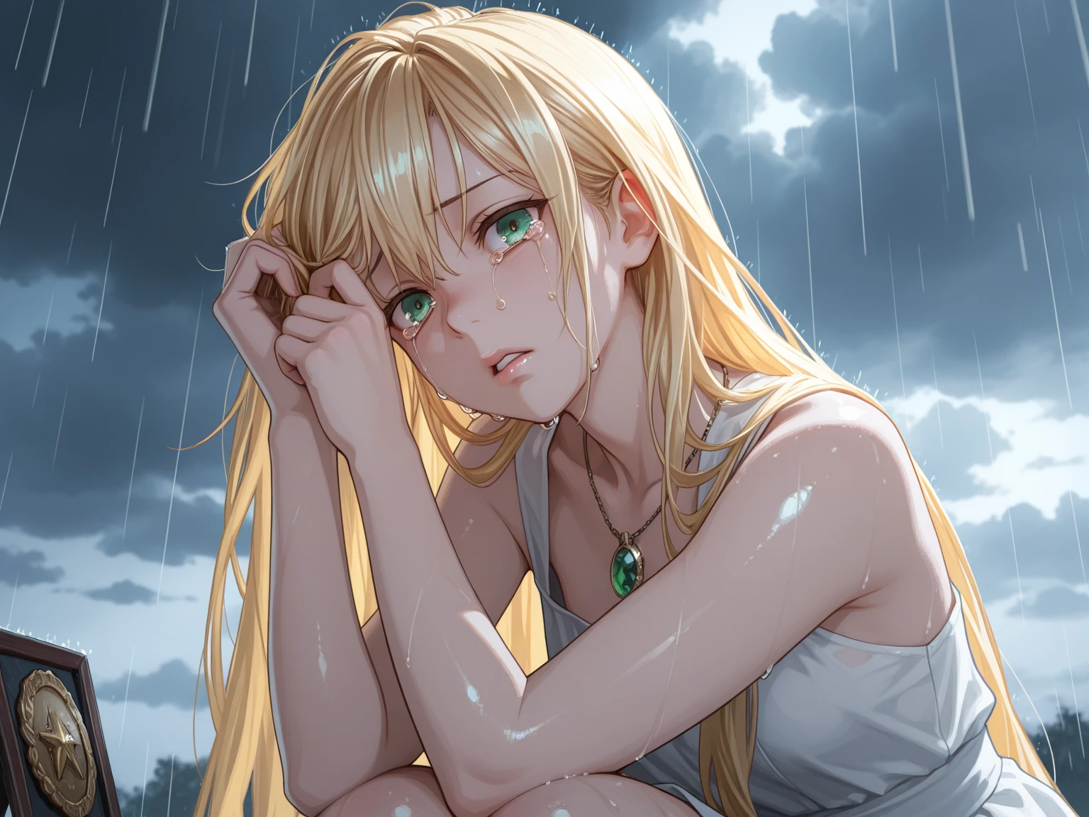 feel the rain on your skin, a beautiful woman with wet skin, wet hairs, on her knees, face between hands, lonely and desperate look on her face