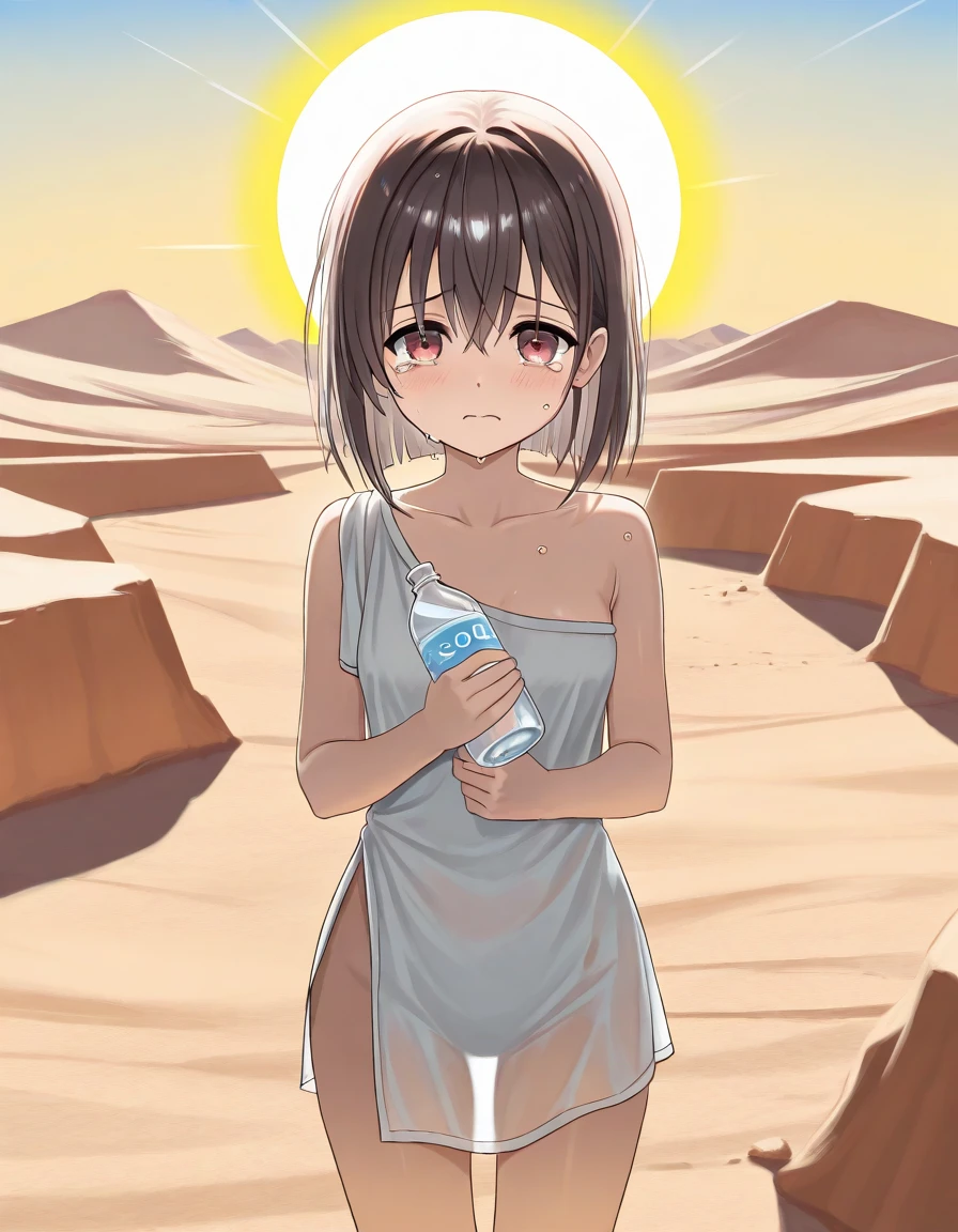 best quality,masterpiece,1girl,solo,(((9years old))),japanese girl,an extremely cute and beautiful girl,highly detailed beautiful face and eyes,petit,cute face,lovely face,baby face,shy smile,show teeth,black hair,medium short hair,flat chest,Hairless pussy, nipples sticking out on the dress,no bra,no panties,skinny,slender,(((wearing a very wet white transparent loose female moslem dress and white hijab))),(((standing in a desert))),she is looking at the viewer,(((lift dress above the waist))),(((legs spreading wide))),(((NFSW)))