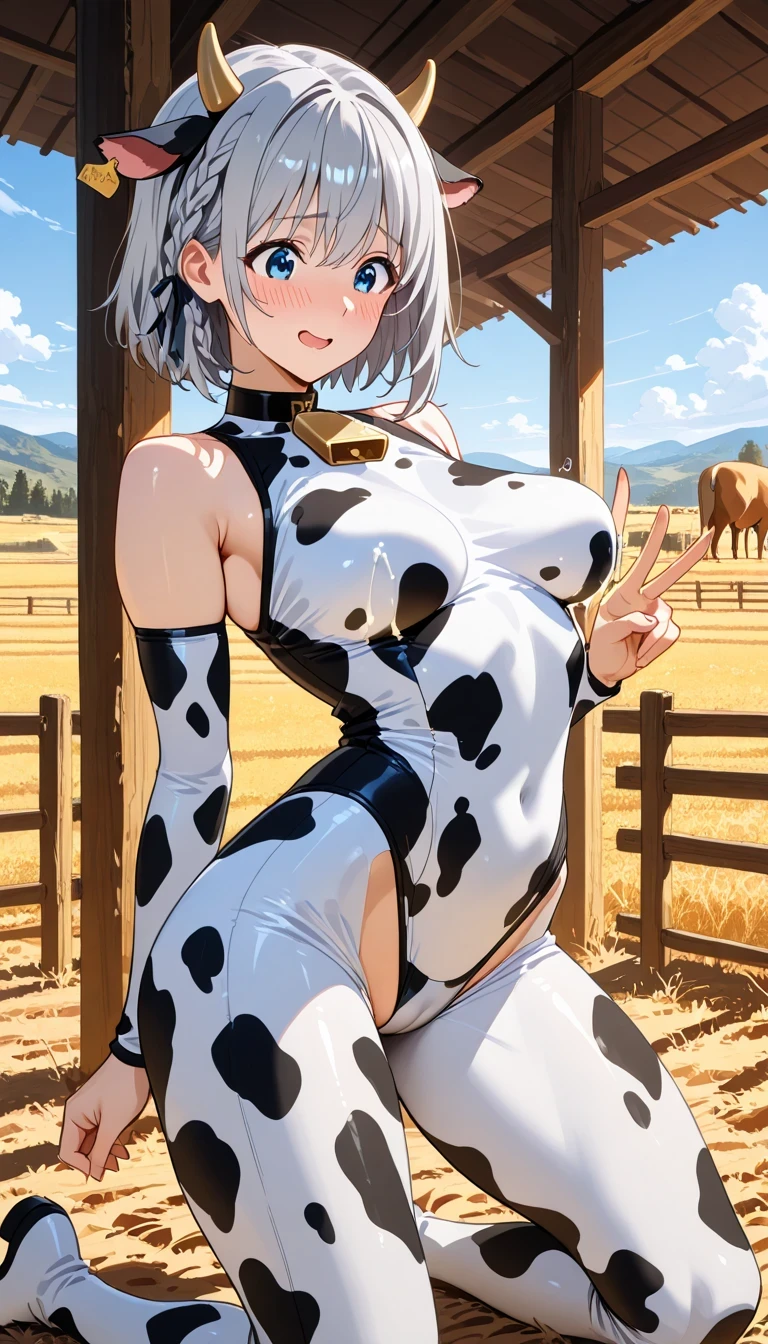 1girl, uzakitsuki, grey hair, hair between eyes, hair over shoulder, closed eyes, mature female, large breasts,
BREAK (cow suit:1.2)
BREAK ((anime girl)), best quality, expressive eyes, perfect face, (masterpiece), best quality, expressive eyes, perfect face, ((best quality)), ((ultra-detailed)), ((an extremely delicate and beautiful)), perfect eyes, perfect body, ((synmetry eyes)), beautiful eyes, ((thick thighs)), shiny skin, soft skin, ((synmetry body)), ((perfect body)),