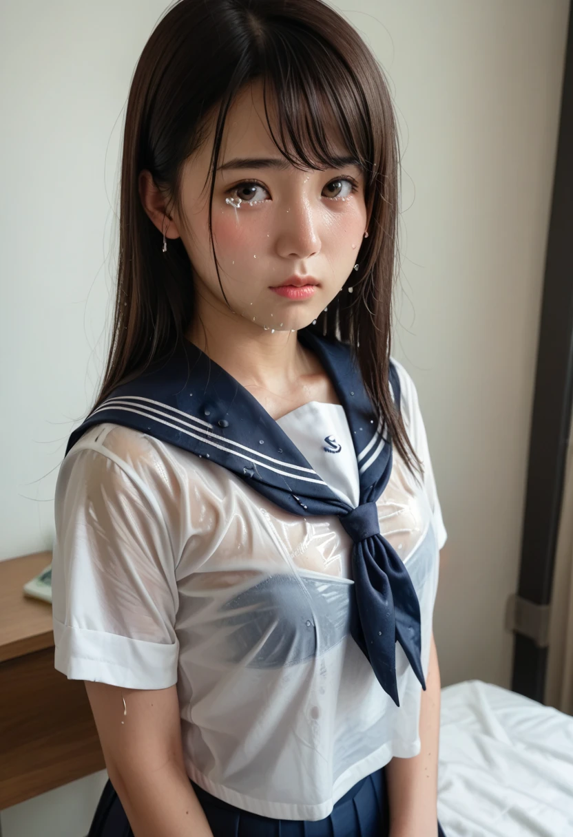 1 girls, sailor uniform, serafuku, blue neckerchief, school uniform, white dress shirts, short sleeve, slender, thin waist, full body, realistic, 50mm portrait, high resolution, 8k, RAW photos, high-detail RAW color photo, dynamic light, ultra detailed, detailed face, facial features details, beautiful details Eyes, very detailed eyes, very detailed skin, real skin, firm skin, on the train