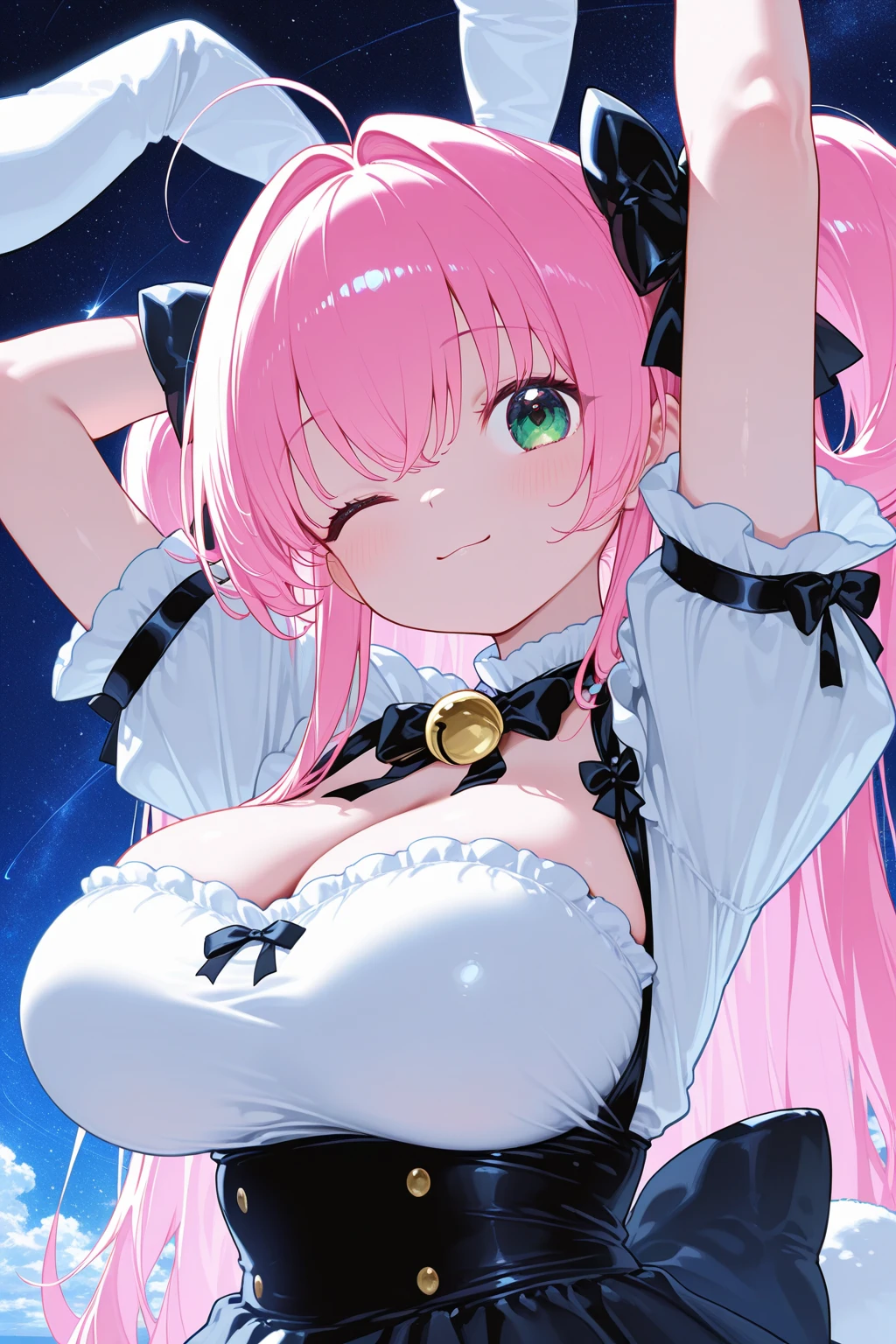 1girl, bunnysuit, bunny ears, pink hair, green eyes, wavy hair, hair over eyes, long bangs, bangs over eyes, shy, wavy mouth, black leotard, rabbit ears, large breasts, thick thighs, pantyhose, bowtie, cleavage