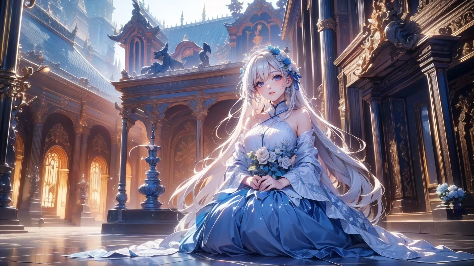 Ruined castle garden, masterpiece, Highest quality, one tall adult woman, Straight silver hair, Hair length to the waist, sharp eyebrows , Narrow red eyes, huge breasts, White skin, Blue hair ornament, Expressionless, Ultramarine Semi-Formal Dress, Ultramarine Sleeve,