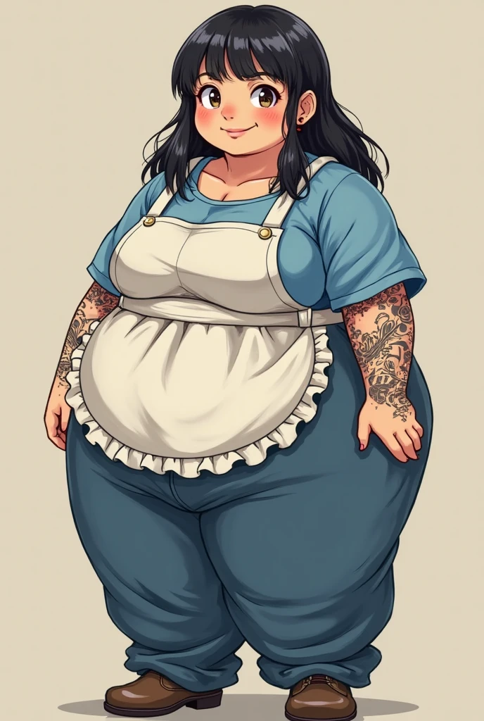 1girl, miko_kubota, long hair, smile, hands on hips, yellow shirt, off shoulder, navel, pants, sweater around waist, blush,(thicc:0.5), (WeightImmobile:1.3), (obese:1.2) (round face:1.3), huge belly, wide hips, from below, discoelysium, legs spread, muffin top, pudgy, pregnant