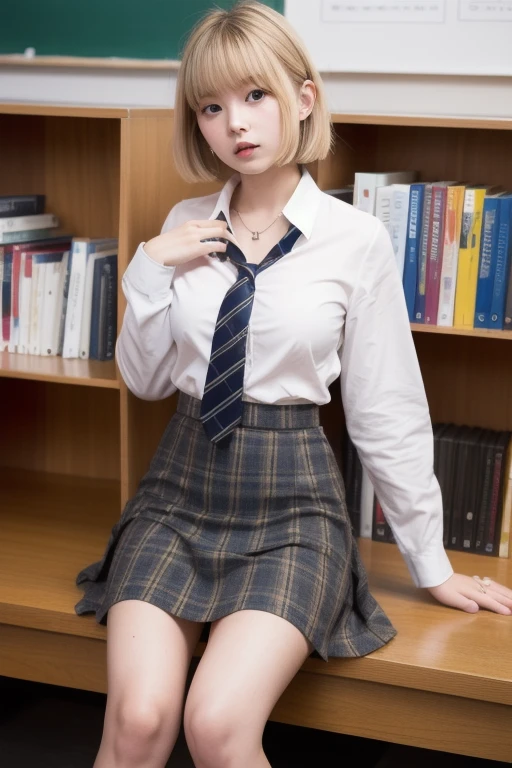 Fascinating anime, [ 4K Digital Art ]!!,Hyperrealistic painting, Art with attention to detail, 8K high quality, detailed art,Curvy Tanned Gal,(puppet,Thick lips:1.2),Dress shirt,cardigan,,Side details,Pleated skirt,Brown Loafers,Blonde Short Hair,(Dark Skip:1.3),socks,Sweaty,close,Squatting on a desk,In the classroom,(Blushed),、((Spread your legs、Panties in full view))Z