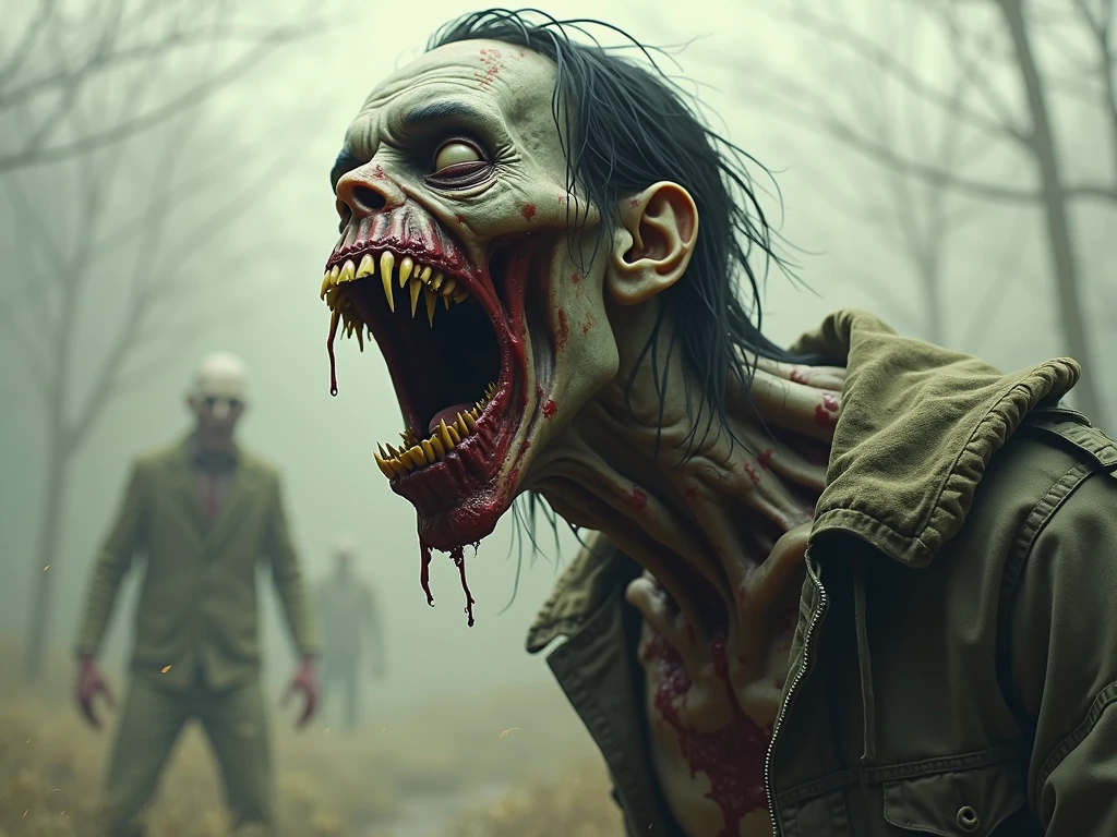 A striking RAW photo of zombie Rick Grimes , the iconic character from The Walking Dead, standing amidst a dense, photo-realistic forest. The background features a vast, immersive scene reminiscent of a post-apocalyptic world. (masterpiece, best quality:1.2), ((RAW photo, Best quality)), (Realistic, photo-realistic:1.2) a evil zombie, blood, hottinig, ((horror, creepy)) , night, ((White eyes)). angry. ((( Exposed brain))), ((Pale or Grey skin)), wounds, empty eyes, torn clothes, slow movements, guttural noises, aggressive and cannibalistic behavior. Cinematic lighting.
