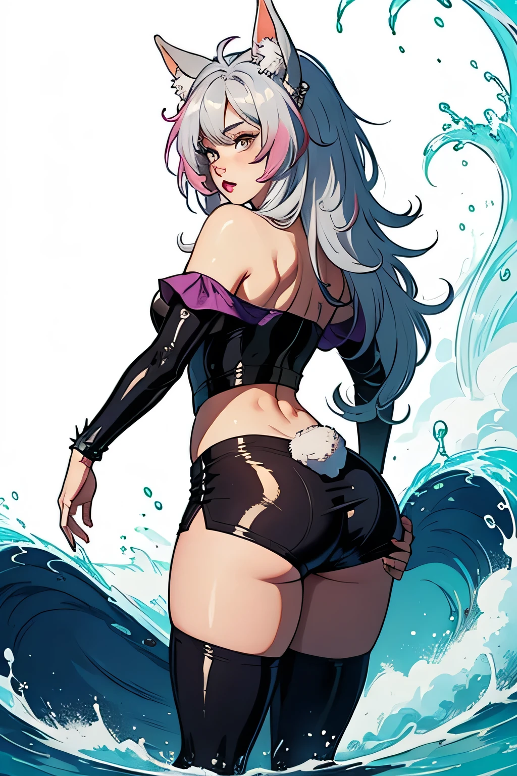 1girl, aegir \(azur lane\), azur lane \\\\\ masterpiece, best quality, very aesthetic, absurdres, newest \\\\\\ sportive body, \\\\\\ by nyantcha,,by cutesexyrobutts,by khyle ///// white hair with a single prominent red streak, black horns, yellow eyes, \\\\\\ bunnysuit without bunny ears,white background,standing, fishnet pantyhose, model concept art