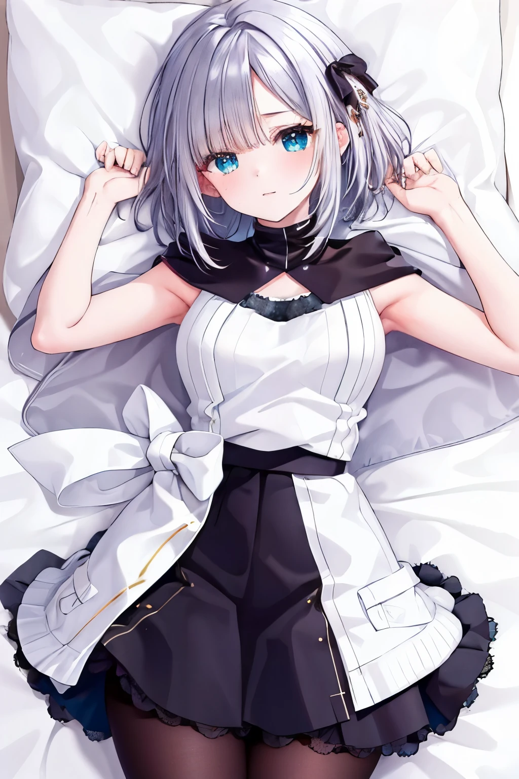 (masterpiece, top quality:1.2), Virtual YouTuber, white sleeveless knit, Black Ruffle Skirt, black tights, long, beautiful legs, bed, white sheets, sleep on your back, angle above , embarrassed, Seducing Men, Full Body