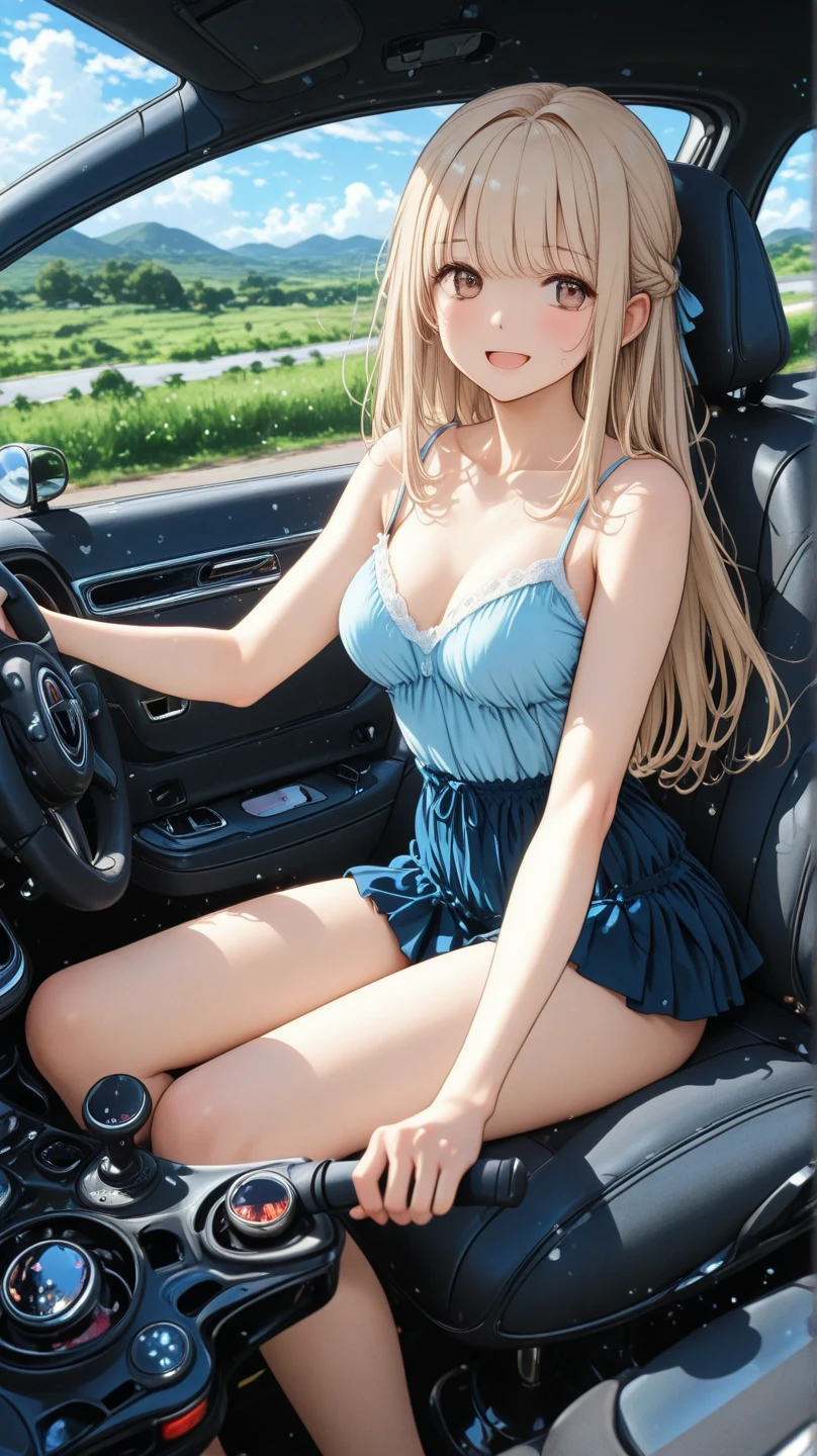 1girll,Sky blue lace strapless dress， blond hairbl,  Sit on a mecha motorcycle, urban backdrop, perfect  eyes, Loving pupils，perfect hand, 超高分辨率, Movie Angle, Professional lighting, best qualtiy, tmasterpiece, Sideslit, Sharp, Perfect focus，Background bokeh，realisticlying，（Delicate eyes：1.3），realisticlying，（3D脸：1.1），（Glow skin：1.5），（Ultra-high resolution complex facial details），（Facial skin pores：1.3），Ultra-high ress fabric texture，8k eye details，8K pupils，
